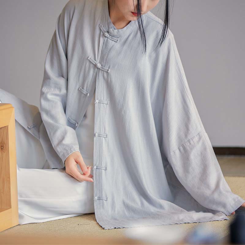 Buddha Stones無地 カエルボタンデザイン シャツ 禅 太極拳 瞑想用 トップス コットンリネン ジャケット - グレー(バスト150cm)(トップスのみ) - image 0
