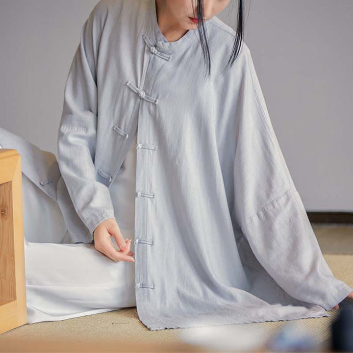 Buddha Stones無地 カエルボタンデザイン シャツ 禅 太極拳 瞑想用 トップス コットンリネン ジャケット - グレー(バスト150cm)(トップスのみ) - image 0