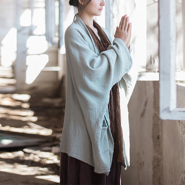 Buddha Stonesの無地デザイン長袖コート 禅瞑想 オープンフロントトップ コットンジャケット - グリーン(バスト192cm)(トップスのみ) - image 0