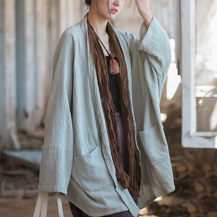 Buddha Stonesの無地デザイン長袖コート 禅瞑想 オープンフロントトップ コットンジャケット - image 2