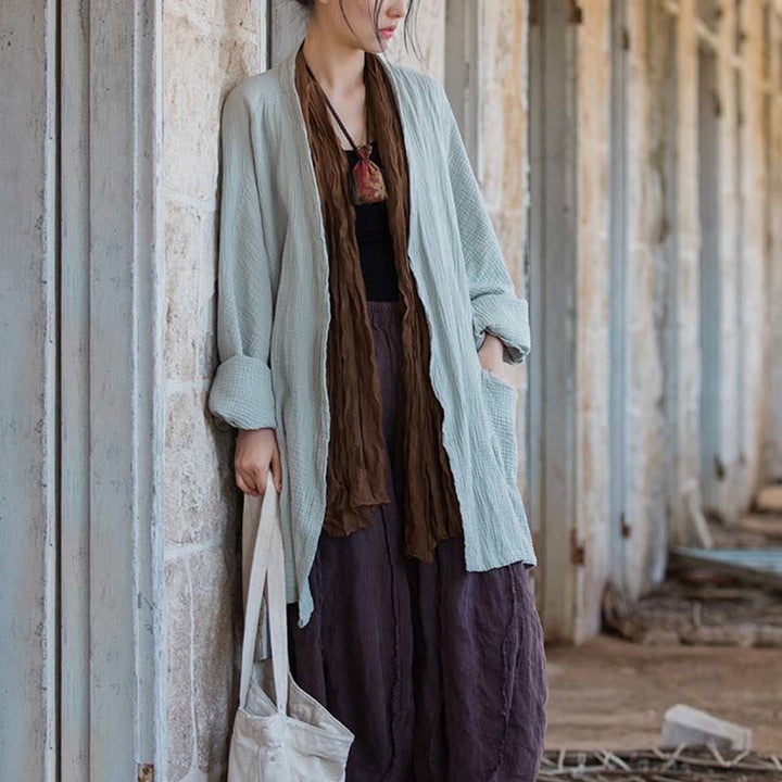 Buddha Stonesの無地デザイン長袖コート 禅瞑想 オープンフロントトップ コットンジャケット - image 4