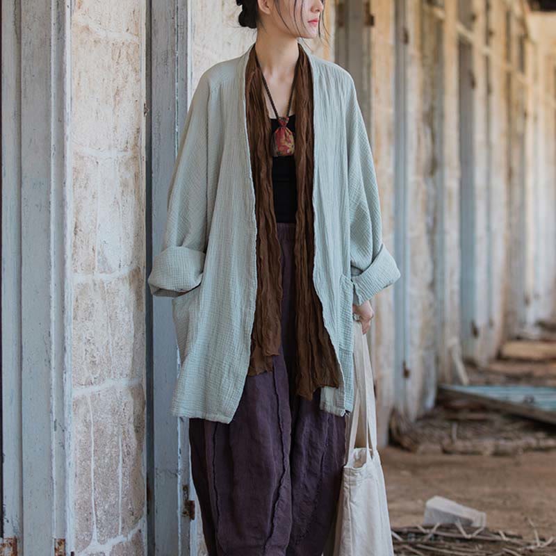 Buddha Stonesの無地デザイン長袖コート 禅瞑想 オープンフロントトップ コットンジャケット - image 8