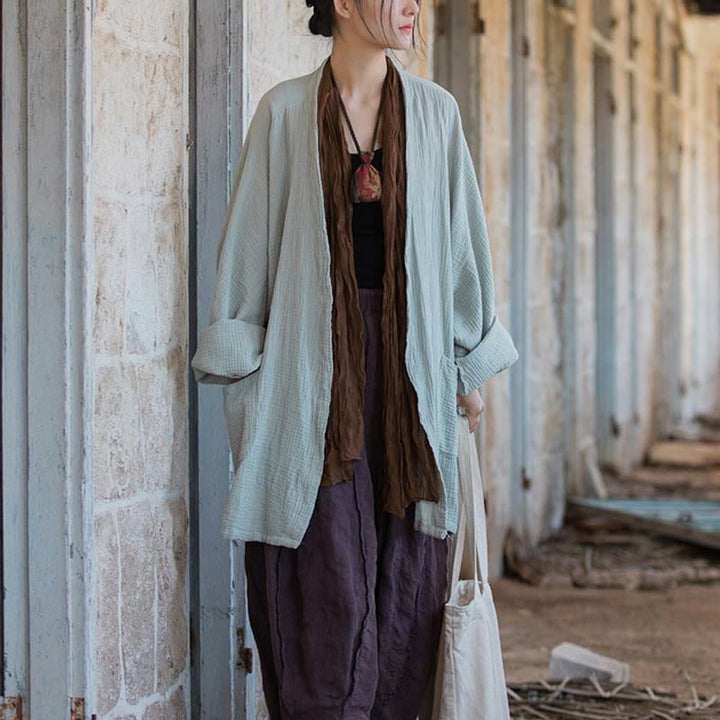 Buddha Stonesの無地デザイン長袖コート 禅瞑想 オープンフロントトップ コットンジャケット - image 8