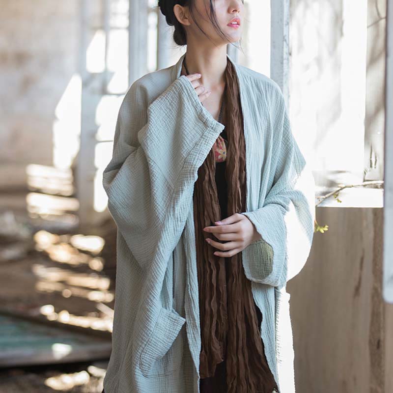 Buddha Stonesの無地デザイン長袖コート 禅瞑想 オープンフロントトップ コットンジャケット - image 11