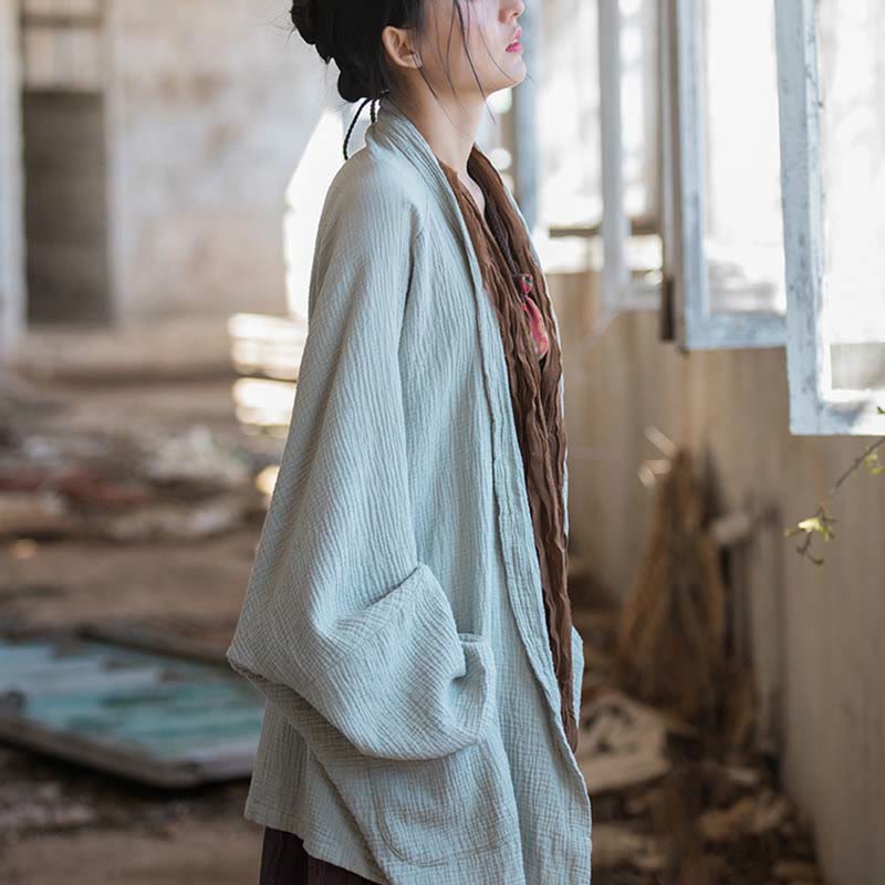 Buddha Stonesの無地デザイン長袖コート 禅瞑想 オープンフロントトップ コットンジャケット - image 12