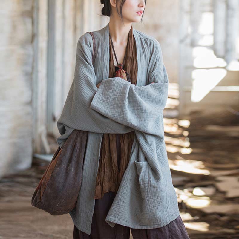 Buddha Stonesの無地デザイン長袖コート 禅瞑想 オープンフロントトップ コットンジャケット - グレー(バスト192cm)(トップスのみ) - image 17
