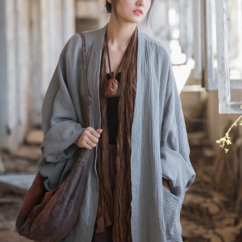 Buddha Stonesの無地デザイン長袖コート 禅瞑想 オープンフロントトップ コットンジャケット - image 27