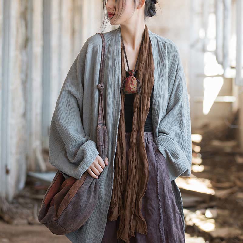 Buddha Stonesの無地デザイン長袖コート 禅瞑想 オープンフロントトップ コットンジャケット - image 18