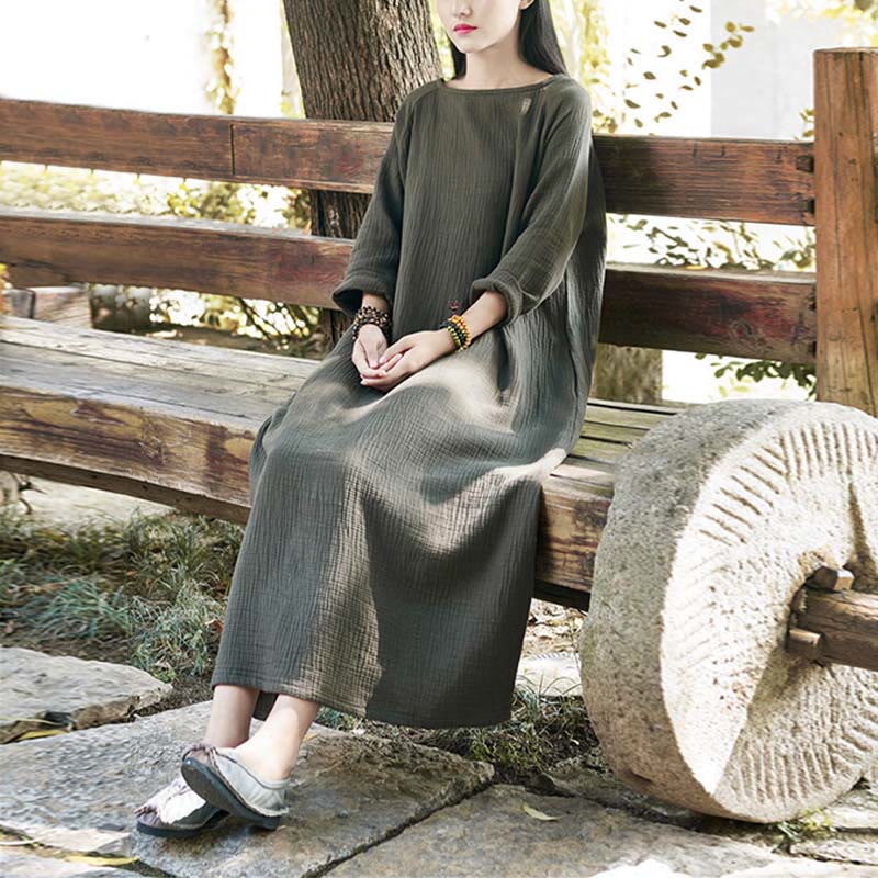 Buddha Stonesシンプルミディドレス コットンリネン 禅チュニックドレス ポケット付き - image 1