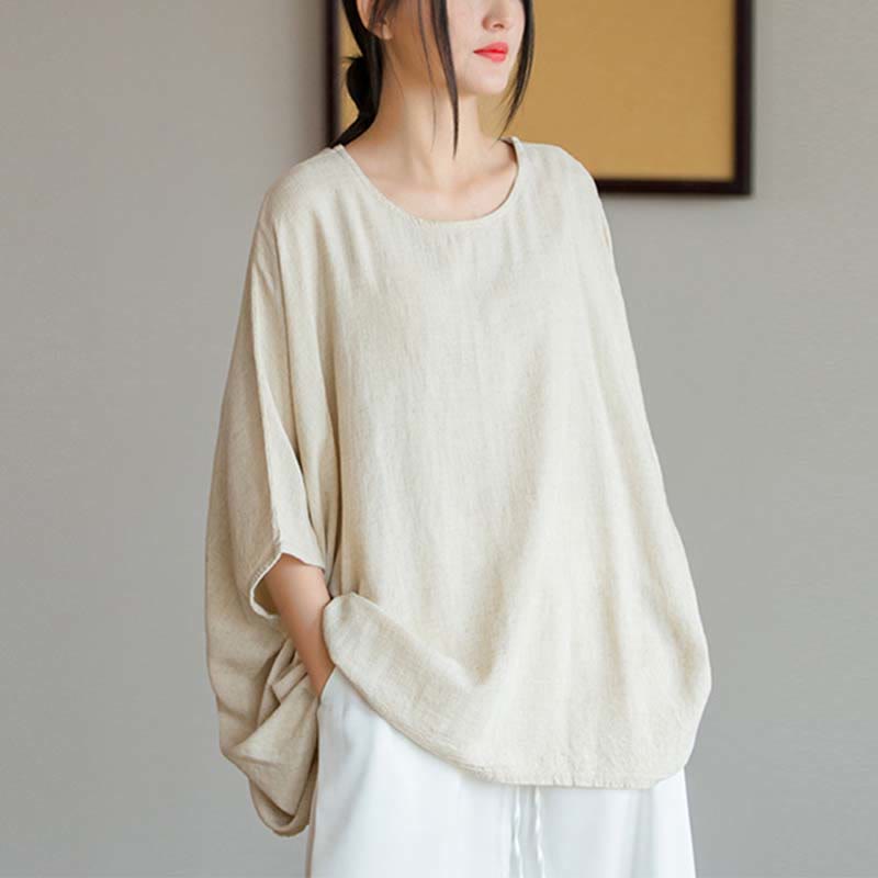 Buddha Stones無地 七分袖 トップス ルーズTシャツ - ベージュ(バスト180cm/着丈64cm)(トップスのみ) - image 0
