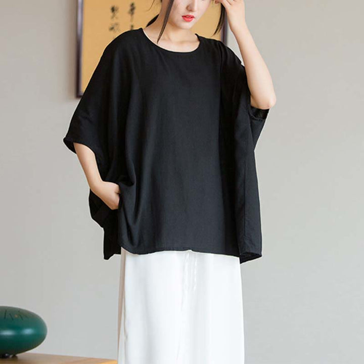 Buddha Stones無地 七分袖 トップス ルーズTシャツ - ブラック(バスト180cm/着丈64cm)(トップスのみ) - image 19
