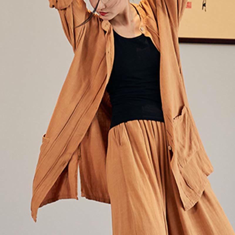 Buddha Stones無地 長袖 コート ジャケット トップス ワイドレッグパンツ 禅 太極拳 ヨガ 瞑想服 - 黄色 - コートのみ - US4-12、 UK/AU8-16、 EU36-44 (F) - image 23