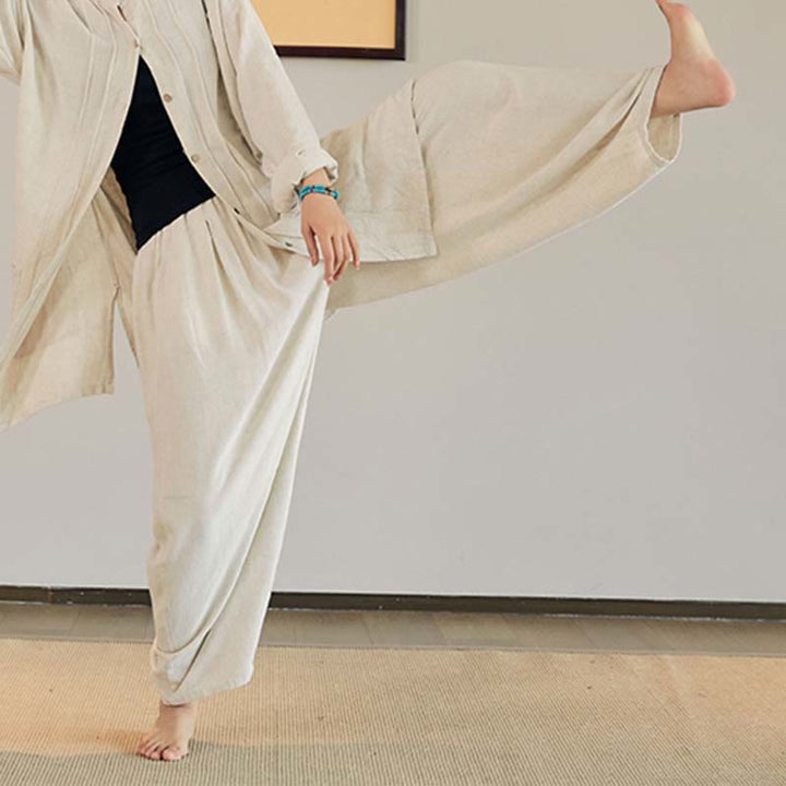 Buddha Stones無地 長袖 コート ジャケット トップス ワイドレッグパンツ 禅 太極拳 ヨガ 瞑想服 - ベージュ - パンツのみ - US4-12、 UK/AU8-16、 EU36-44 (F) - image 2
