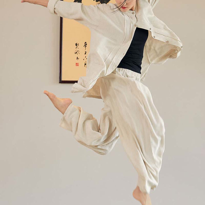 Buddha Stones無地 長袖 コート ジャケット トップス ワイドレッグパンツ 禅 太極拳 ヨガ 瞑想服 - image 4
