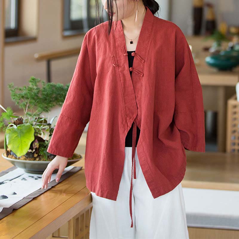 Buddha Stonesカエルボタン漢服デザイン長袖コート禅瞑想オープンフロントトップジャケット - レッド、 US0/10、 UK/AU4/14、EU32-40/42 (F) - image 0