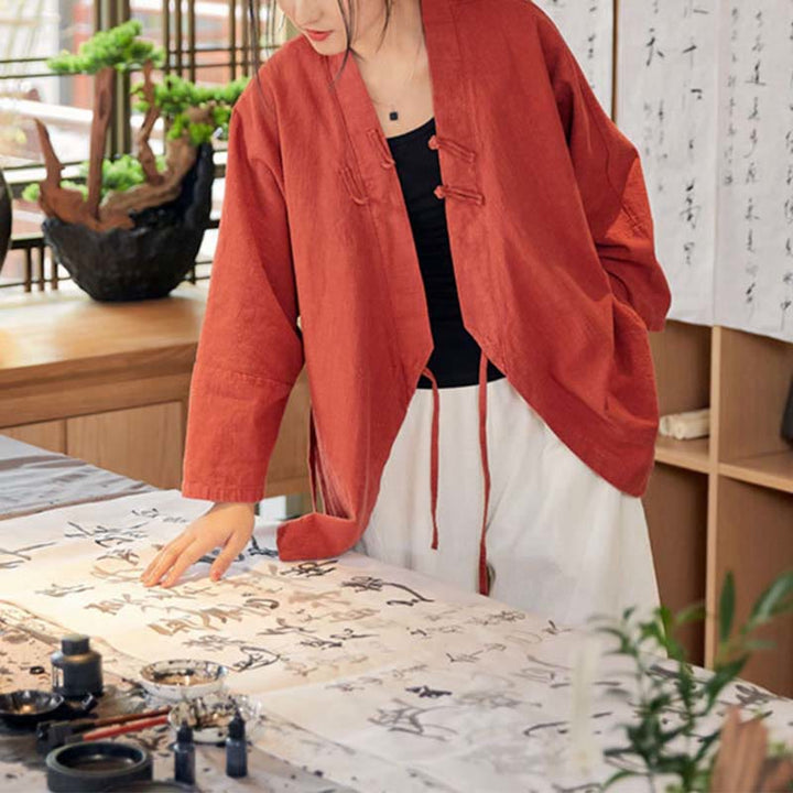 Buddha Stonesカエルボタン漢服デザイン長袖コート禅瞑想オープンフロントトップジャケット - image 3