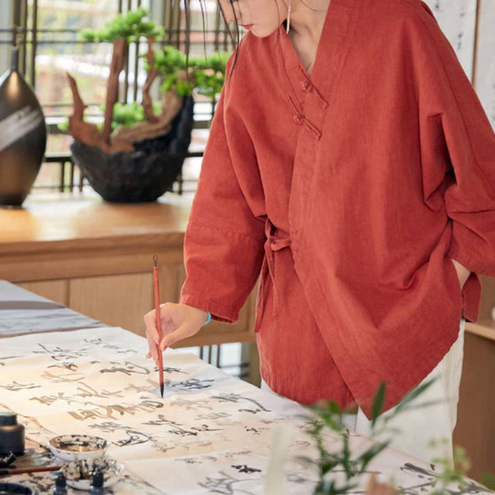 Buddha Stonesカエルボタン漢服デザイン長袖コート禅瞑想オープンフロントトップジャケット - image 6