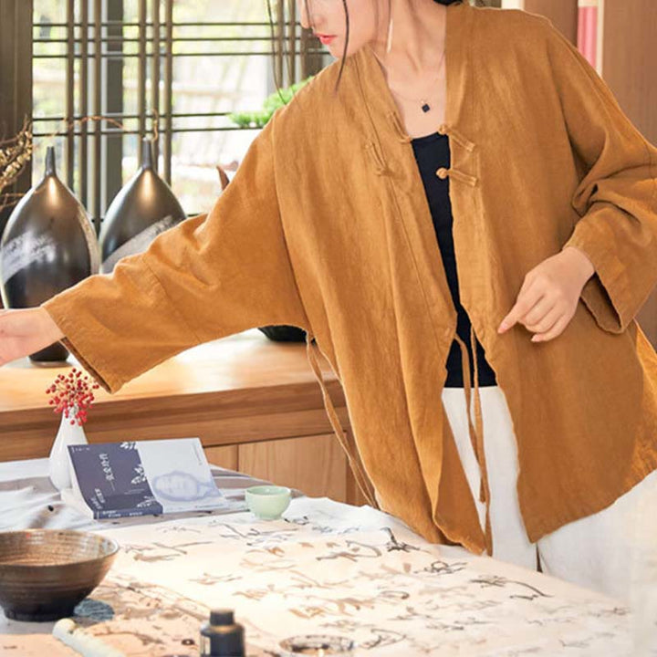 Buddha Stonesカエルボタン漢服デザイン長袖コート禅瞑想オープンフロントトップジャケット - image 13