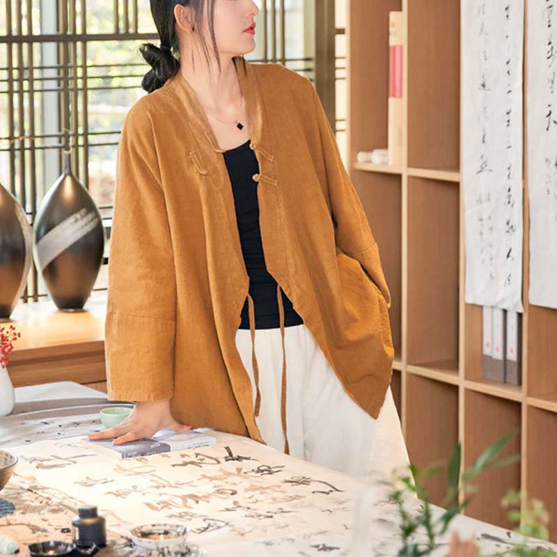 Buddha Stonesカエルボタン漢服デザイン長袖コート禅瞑想オープンフロントトップジャケット - image 12