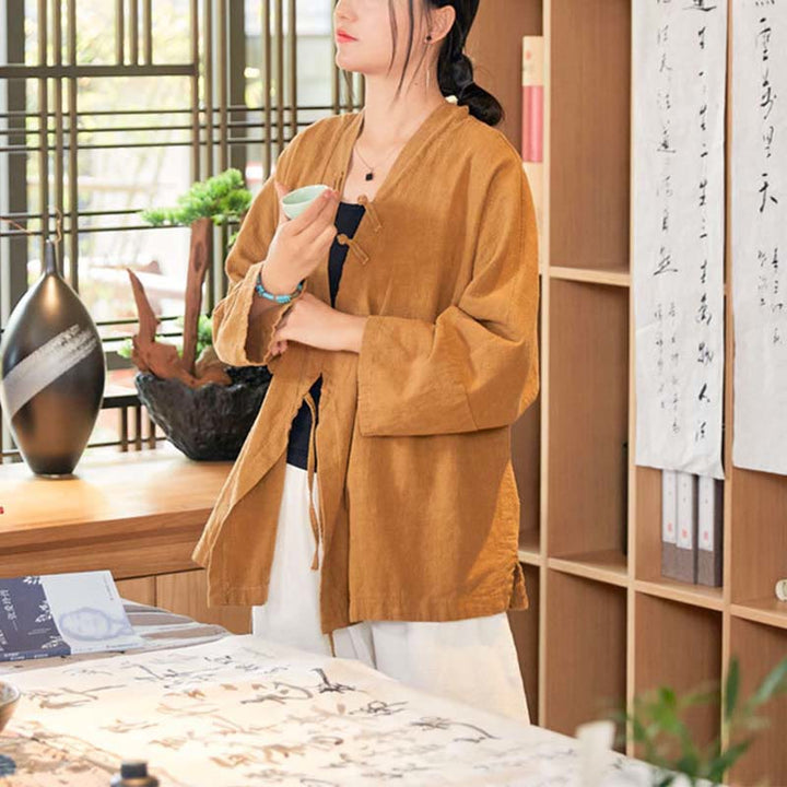 Buddha Stonesカエルボタン漢服デザイン長袖コート禅瞑想オープンフロントトップジャケット - image 14