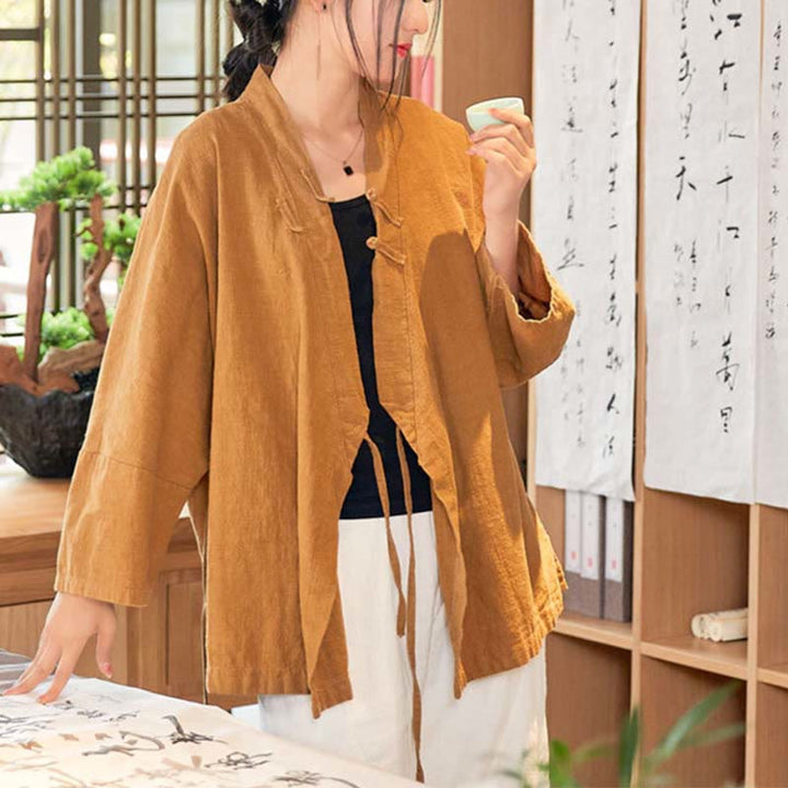 Buddha Stonesカエルボタン漢服デザイン長袖コート禅瞑想オープンフロントトップジャケット - イエロー、 US0-8/10、 UK/AU4-12/14、EU32-40/42 (F) - image 8