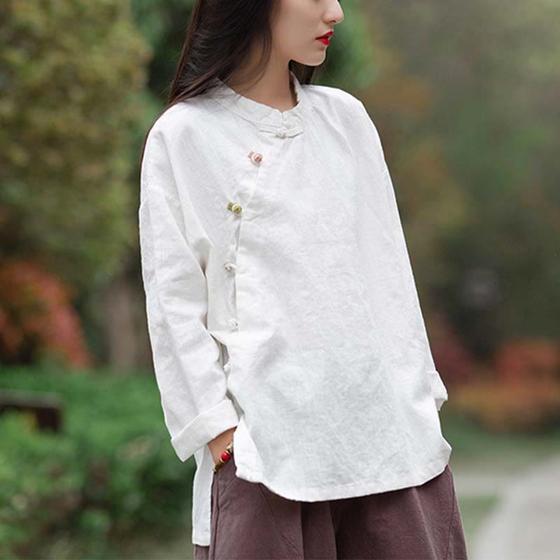 Buddha Stonesラミーリネンブラウスレディースシャツトップス中国漢服スタイル - ホワイト(バスト120cm)(トップスのみ) - image 11