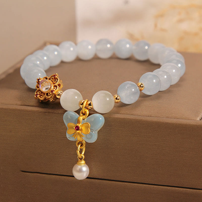 Buddha Stonesアクアマリン キャッツアイ ヒーリングバタフライパール チャームブレスレット