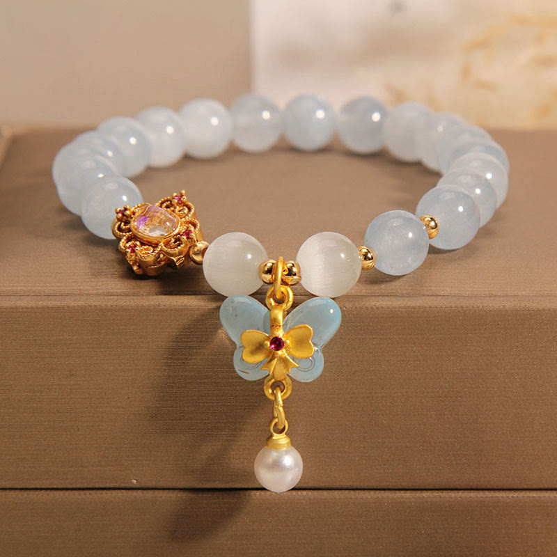 Buddha Stonesアクアマリン キャッツアイ ヒーリングバタフライパール チャームブレスレット