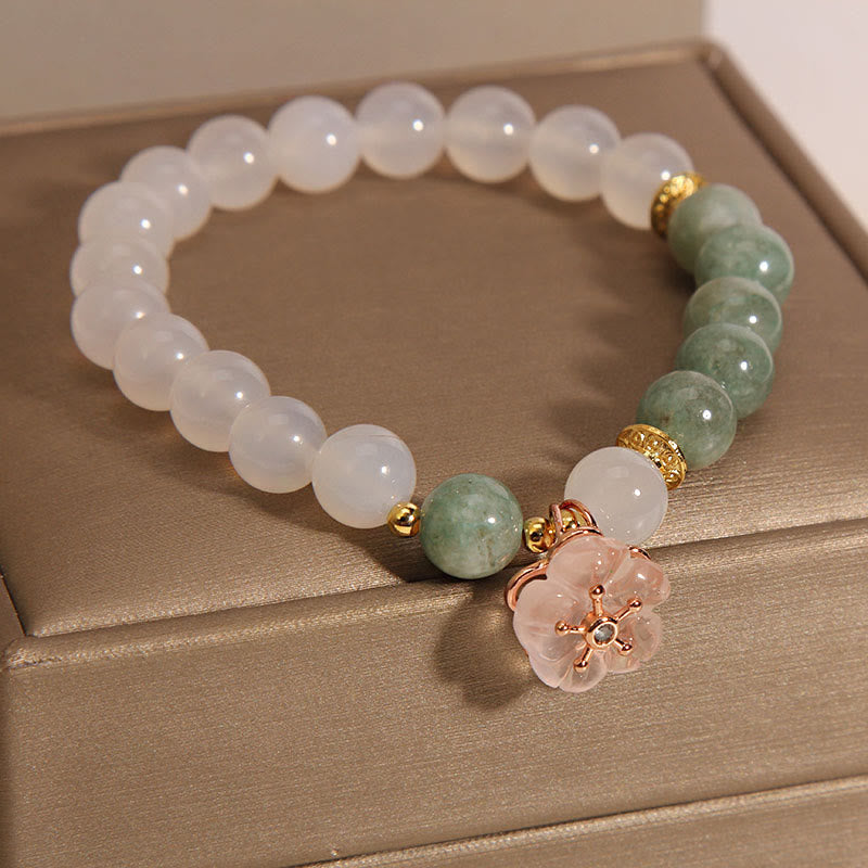 Buddha Stones白瑪瑙 翡翠 花 チャーム 幸運 守護 ブレスレット