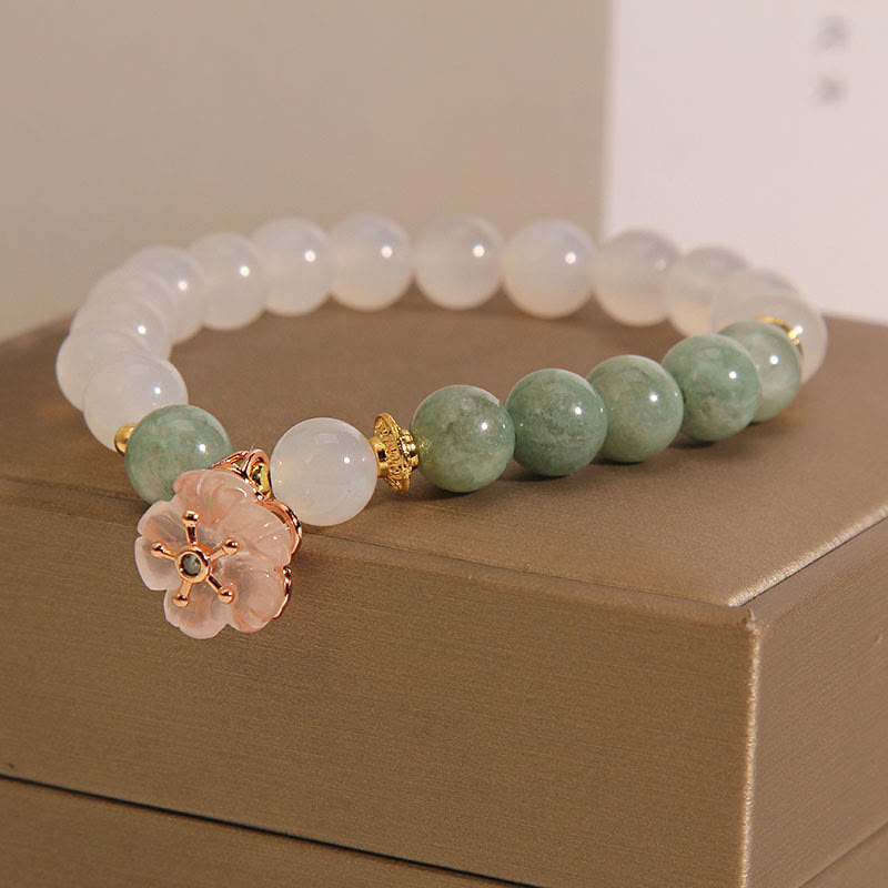 Buddha Stones白瑪瑙 翡翠 花 チャーム 幸運 守護 ブレスレット