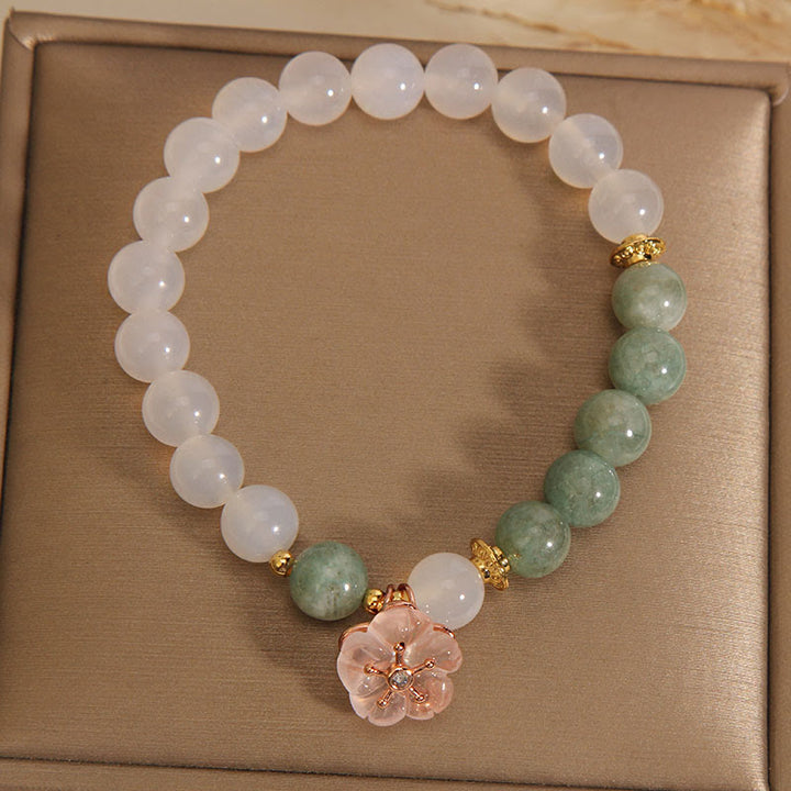 Buddha Stones白瑪瑙 翡翠 花 チャーム 幸運 守護 ブレスレット