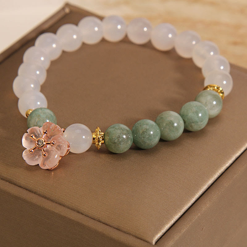 Buddha Stones白瑪瑙 翡翠 花 チャーム 幸運 守護 ブレスレット