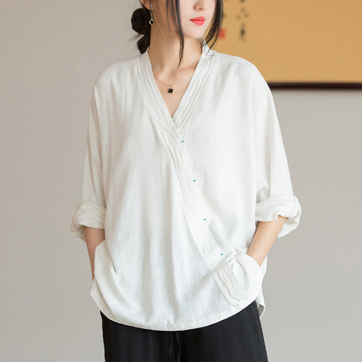 Buddha StonesVネックブラウスレディースシャツ長袖トップス中国漢服スタイル - ホワイト(バスト128cm)(トップスのみ) - image 0