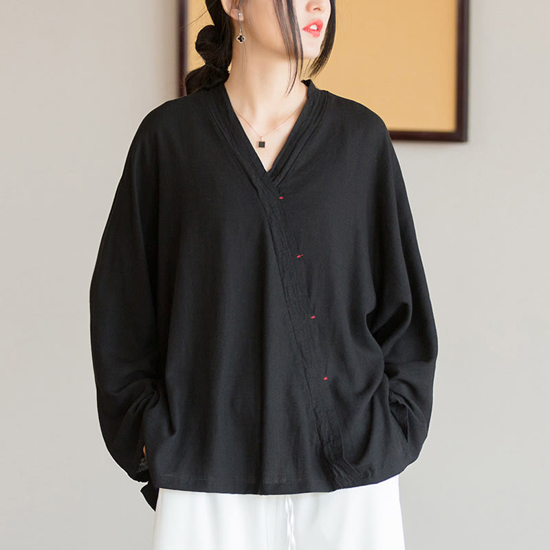 Buddha StonesVネックブラウスレディースシャツ長袖トップス中国漢服スタイル - ブラック(バスト128cm)(トップスのみ) - image 13