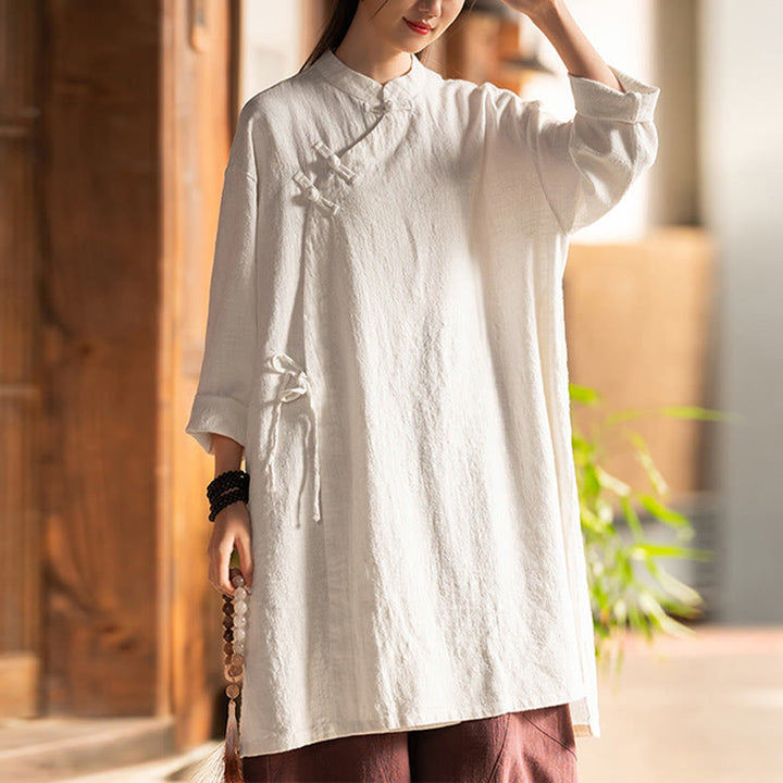 Buddha Stonesヴィンテージコットンリネンブラウスレディース長袖シャツ中国漢服トップス - ベージュ(バスト130cm)(トップスのみ) - image 0