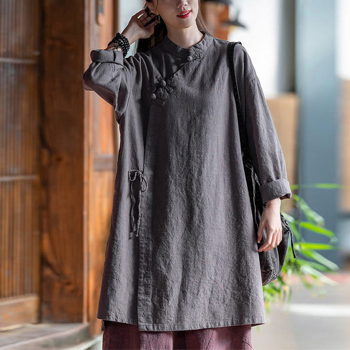 Buddha Stonesヴィンテージコットンリネンブラウスレディース長袖シャツ中国漢服トップス - グレー(バスト130cm)(トップスのみ) - image 8