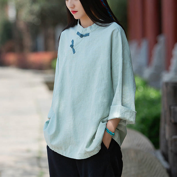 Buddha Stonesラミーリネンゆったりブラウスレディース長袖シャツ中国漢服トップス - グリーン(バスト132cm)(トップスのみ) - image 0