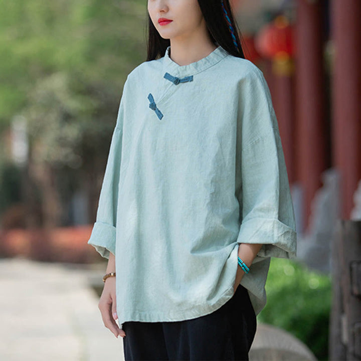Buddha Stonesラミーリネンゆったりブラウスレディース長袖シャツ中国漢服トップス - image 2