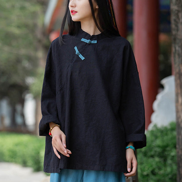 Buddha Stonesラミーリネンゆったりブラウスレディース長袖シャツ中国漢服トップス - ブラック(バスト132cm)(トップスのみ) - image 11