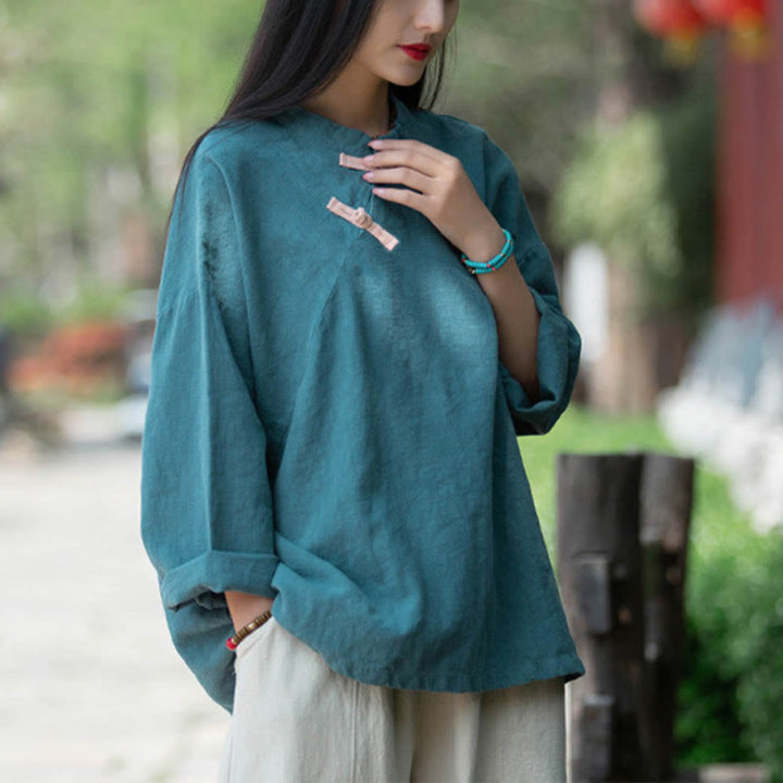 Buddha Stonesラミーリネンゆったりブラウスレディース長袖シャツ中国漢服トップス - image 21