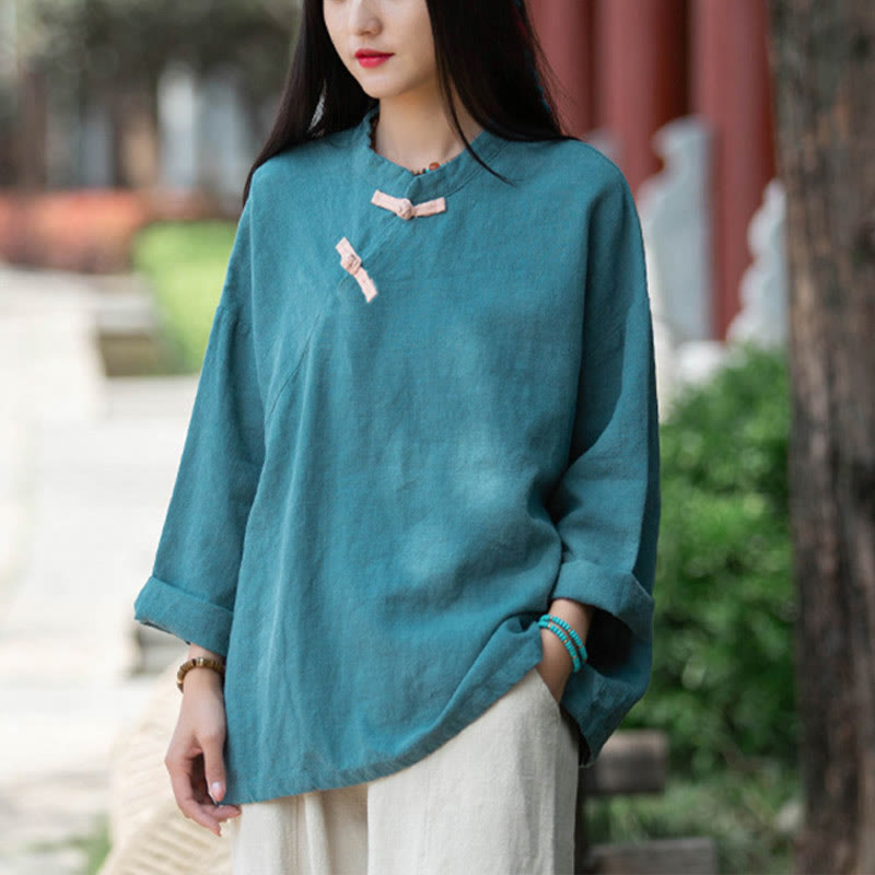 Buddha Stonesラミーリネンゆったりブラウスレディース長袖シャツ中国漢服トップス - シアン(バスト132cm)(トップスのみ) - image 19