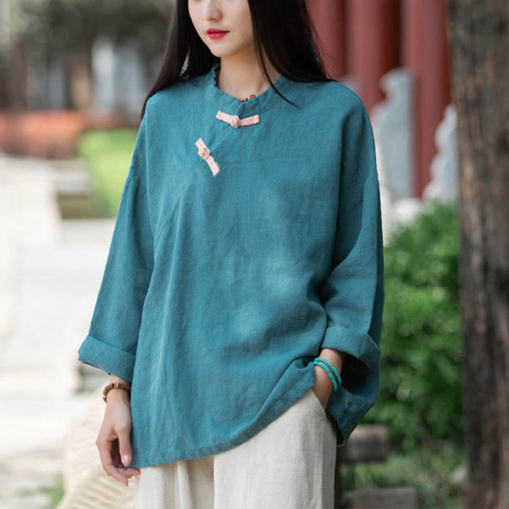 Buddha Stonesラミーリネンゆったりブラウスレディース長袖シャツ中国漢服トップス - シアン(バスト132cm)(トップスのみ) - image 19