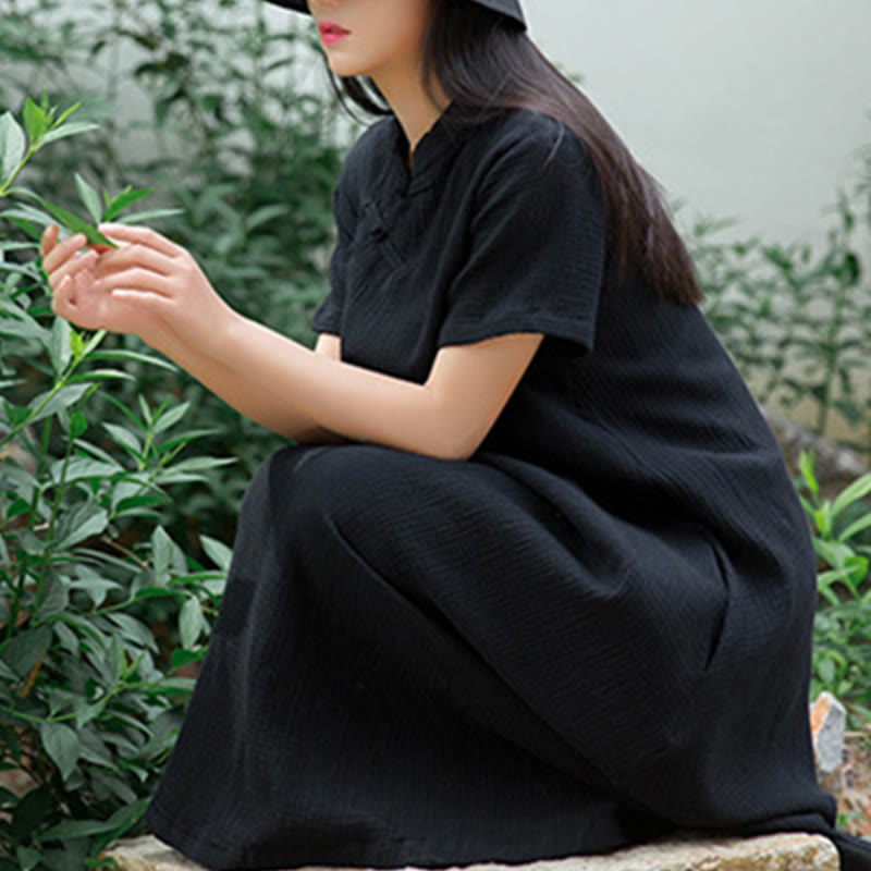 Buddha Stonesフロッグボタン ミディドレス コットンリネン 半袖 ポケット付きドレス - image 7