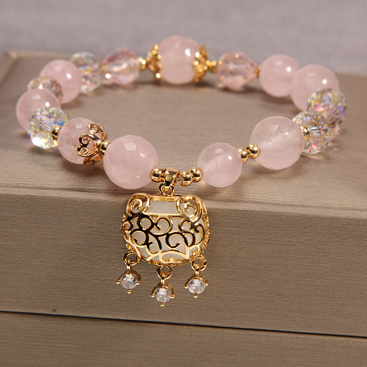 Buddha Stones天然ピンククリスタル 癒しの保護ブレスレット