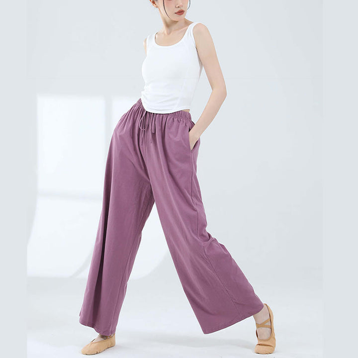 ヨガダンス用ポケット付きBuddha Stonesゆったりコットンドローストリングワイドレッグパンツ