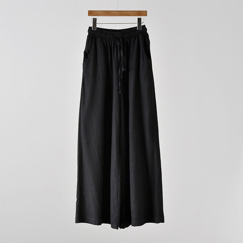 Buddha Stonesゆったりコットンリネン ドローストリング ワイドレッグパンツ ポケット付き