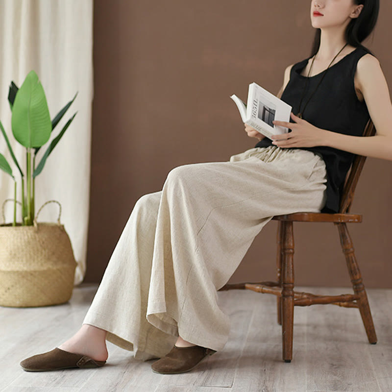 Buddha Stonesゆったりコットンリネン ドローストリング ワイドレッグパンツ ポケット付き