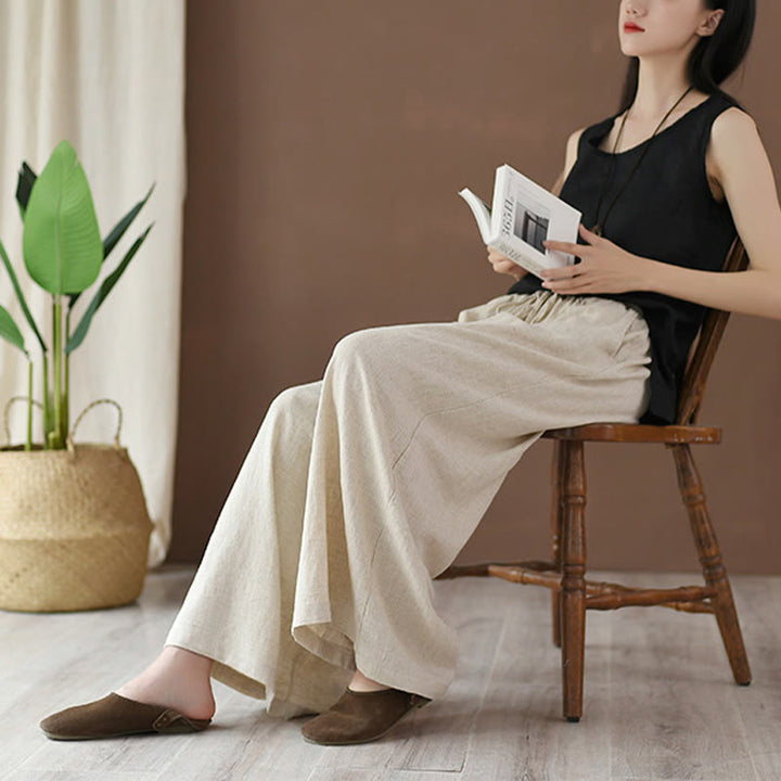 Buddha Stonesゆったりコットンリネン ドローストリング ワイドレッグパンツ ポケット付き