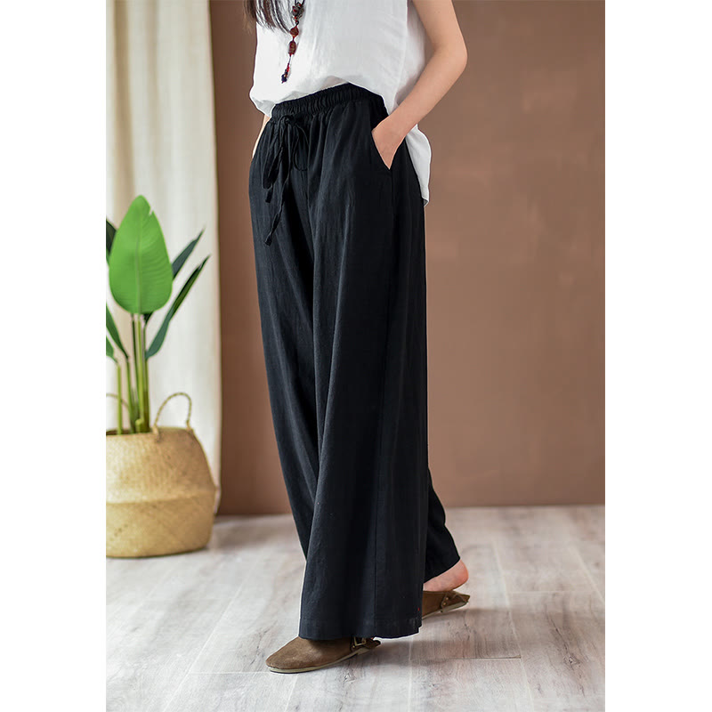 Buddha Stonesゆったりコットンリネン ドローストリング ワイドレッグパンツ ポケット付き