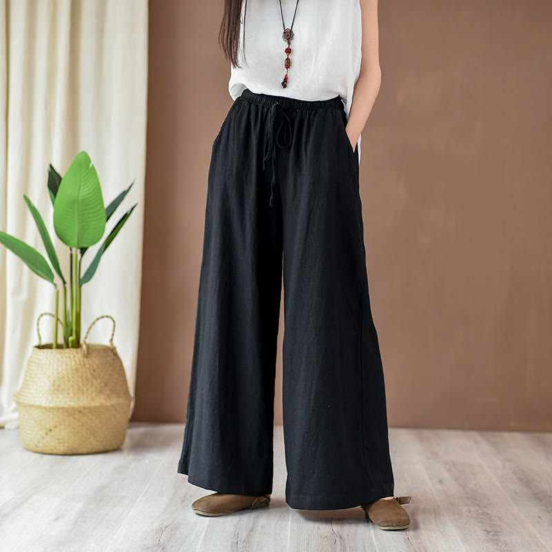 Buddha Stonesゆったりコットンリネン ドローストリング ワイドレッグパンツ ポケット付き